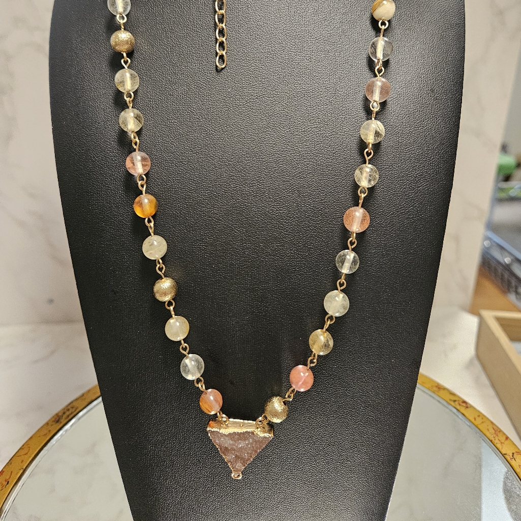 Glass Bead Necklace With Quartz Pendant